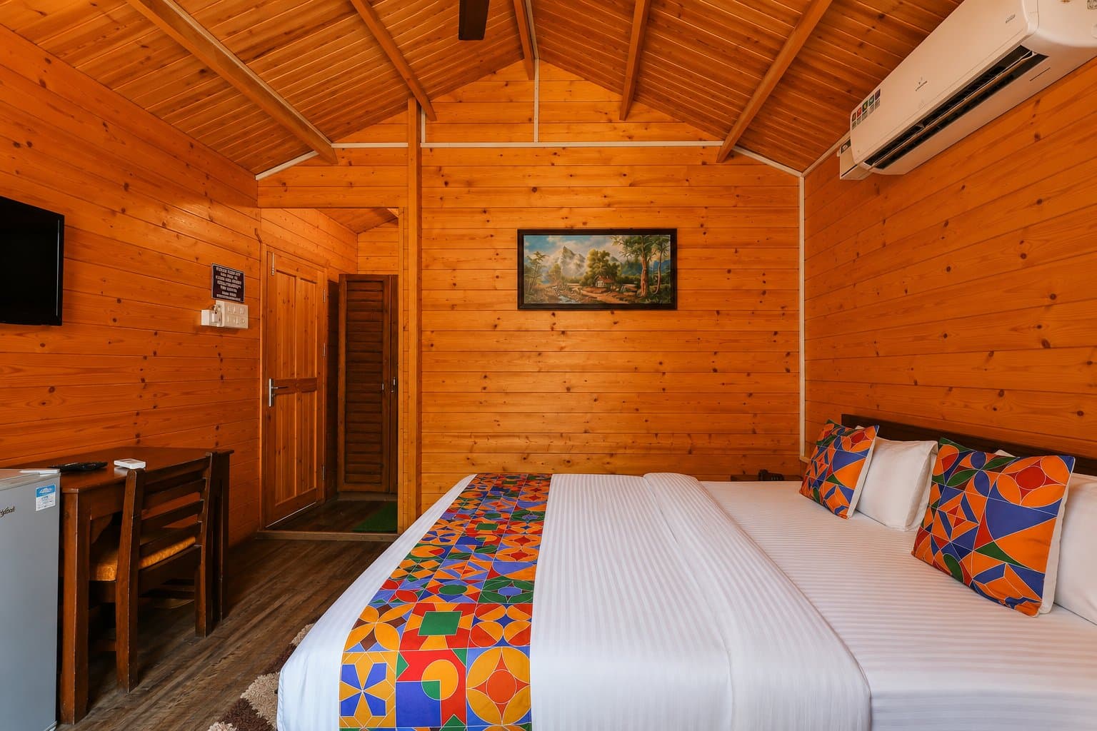 Deluxe Cottage — the pitched teak ceiling
